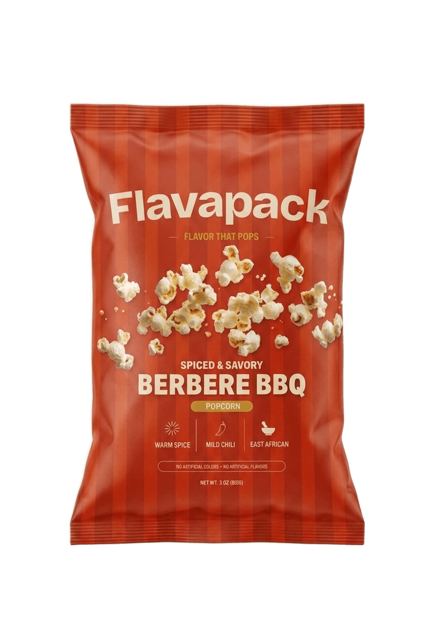 Flavapack Berbere BBQ popcorn pouch on a light studio background