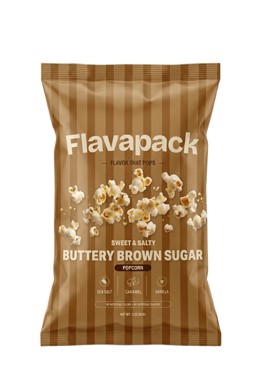 Flavapack Buttery Brown Sugar popcorn pouch on a light studio background