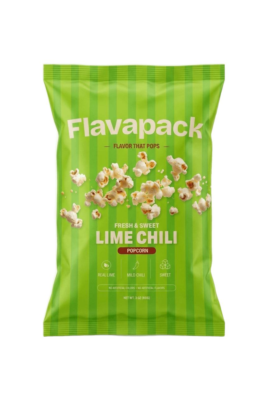 Flavapack Lime Chili popcorn pouch on a light studio background